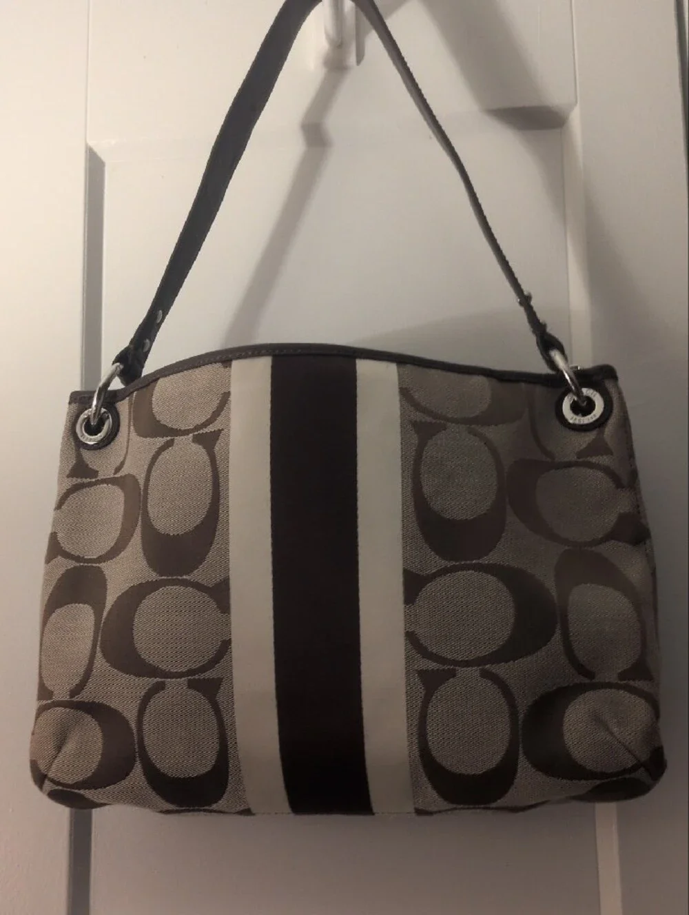Coach Hampton Khaki and Chocolate Signature Stripe Shoulder Bag